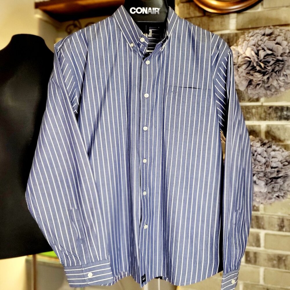 DOCKERS Estate Blue Striped L/S Button-Down Collar Classic Fit Men's Dress Shirt